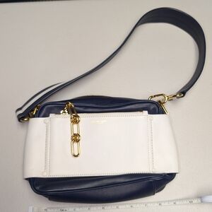 Michael Kors Navy Blue and White Leather Shoulder Bag with Gold Accents